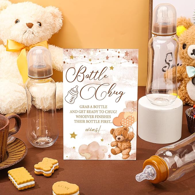 Bear Cool Baby Shower Games Bottle Chug Sign Wooden Brown Theme Gift Sets Gender Reveal Party Favors and 12 Pcs Baby Bottle Shower Favor for Gender Reveal Party Decor(Bear)