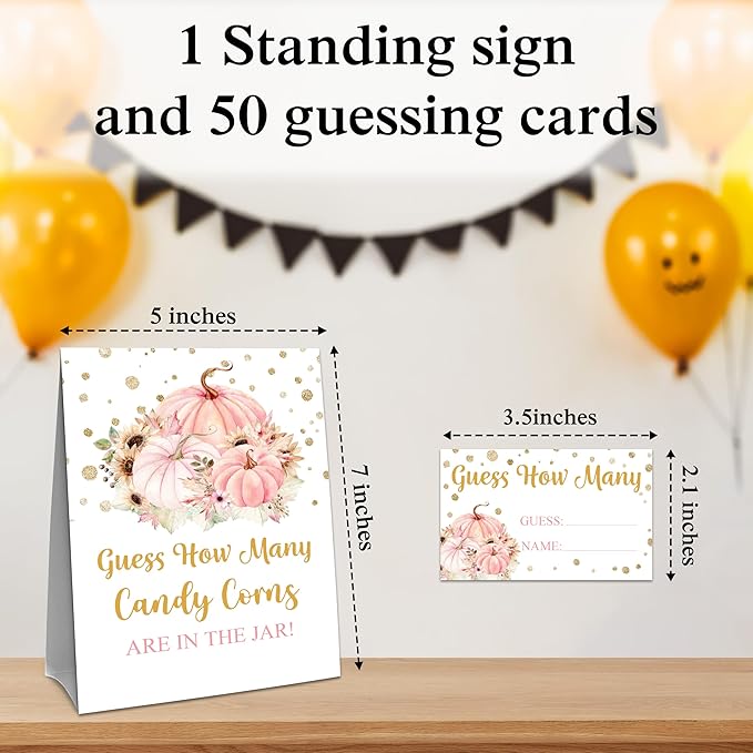 Thanksgiving How Many Candy Corns Are In The Jar - 1 Standing Sign & 50 Guessing Cards - Autumn Pumpkin Party Game & Decoration For Boys, Girls, Adults - Baby Shower, Birthday Game Set - A02