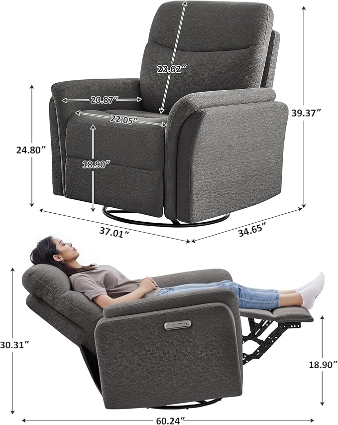 Power Recliner Chair Swivel Glider, Electric Rocking Recliner Chairs with USB and Type-C Ports, Nursery Chair Recliner for Office, Living Room, Bedroom(Dark Gray)