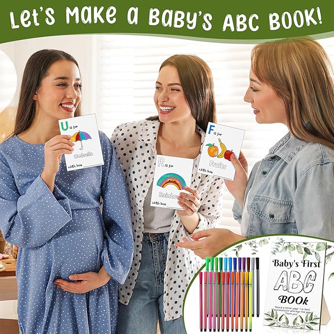 Geelin 51 Pcs Fun Baby Shower Game Activities First Abc Book Sign Coloring Game Card 26 Alphabet a to Z Coloring Card with 24 Watercolor Pen Storage Bag for Baby Shower Party(Greenery)