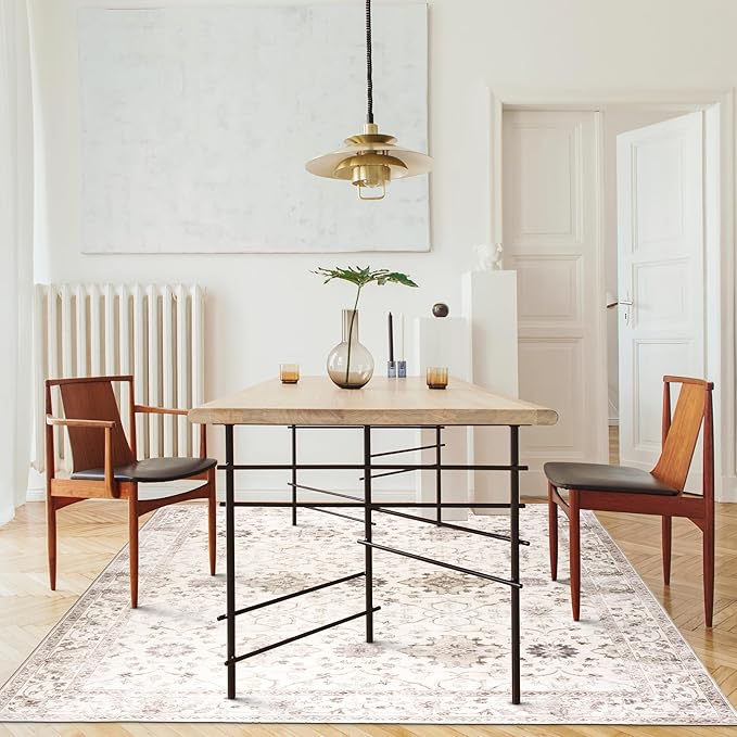 ReaLife Rugs Machine Washable Area Rug - Living Room Bedroom Bathroom Kitchen Entryway Office - Padded Low Pile Stain Resistant Premium - Boho Farmhouse Vintage - BEV - Beige 5' x 7'