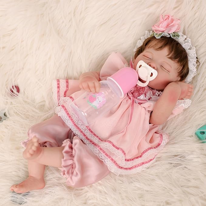 20-Inch Lifelike Reborn Baby Doll, Realistic Baby Doll with Cute Skirts, Poseable Smiling Full-Body Vinyl Baby Dolls for 3+ Years Old Kids Name Rosalie (Pink (Close Eyes)