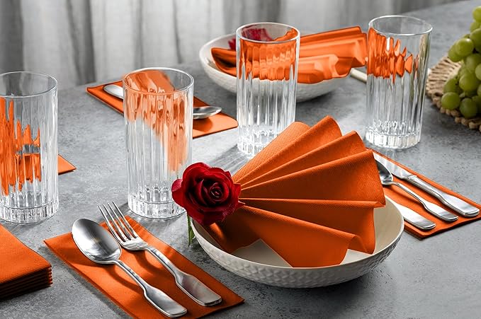 Linen-Feel Orange Paper Napkins - Decortive Cloth-Like Disposable Dinner Napkins - Soft And Absorbent Napkins for Thanksgiving, Party, Wedding, Bathroom Or Any Occasion. (Pack of 100)