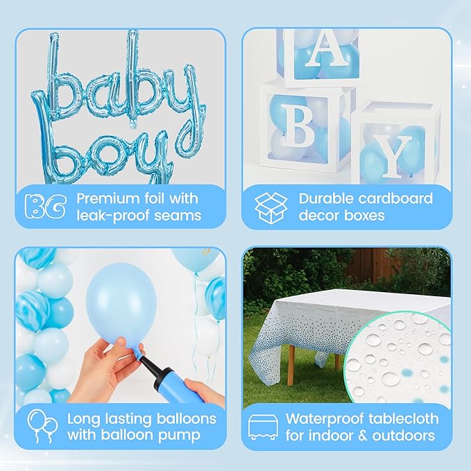 Baby Shower Decorations for Boy - All-in-One Inclusive Baby Boy Shower Blue Decorations JUMBO 165 Pcs Set - Welcome First Birthday Photo Shoot Decor Balloons Arch Boxes with Letters Kit