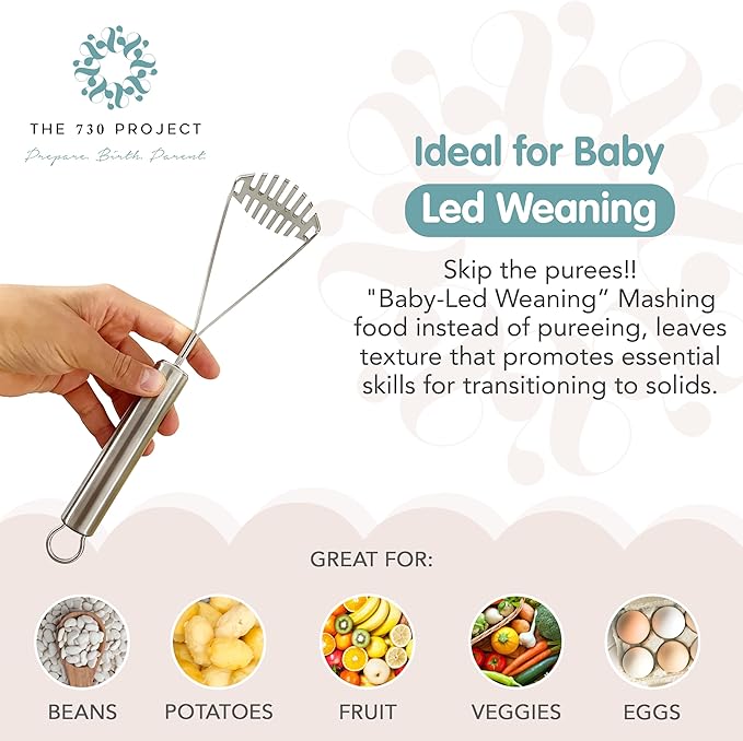 Mighty Masher, Baby Food Masher for Starting Solids Essentials, Baby-Led Weaning Mini Avocado and Potato Masher, Stainless Steel Potato Smasher Tool