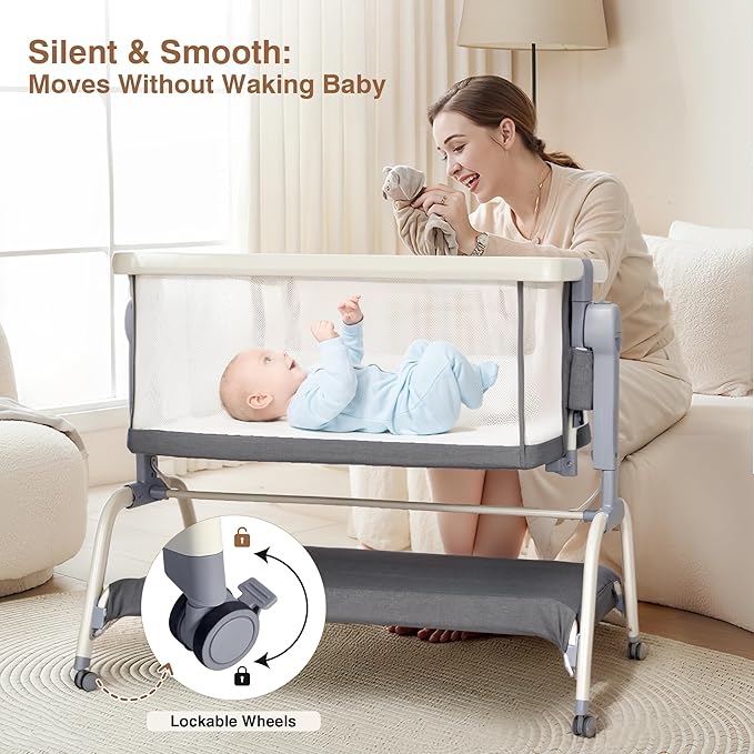 Bedside Cribs 3 in 1 Baby Bassinet Bedside Sleeper with Adjustable Height Easy Folding Portable Crib Comfy Mattress and Wheels - Gray