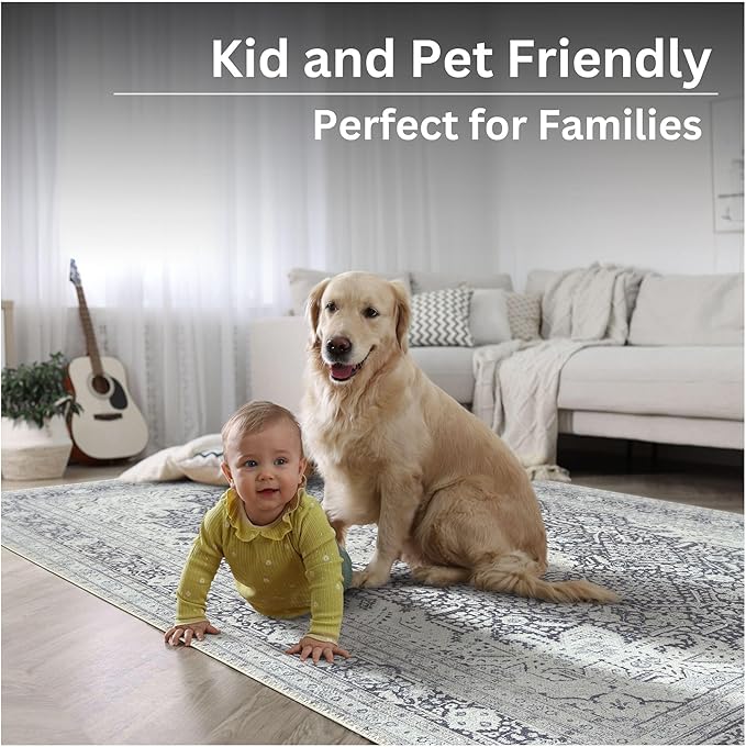 Bloom Rugs Washable Non-Slip 10 ft Runner - Charcoal Blue Traditional Medallion Runner for Entryway, Hallway, Bathroom, and Kitchen - Exact Size: 2.5' x 10'