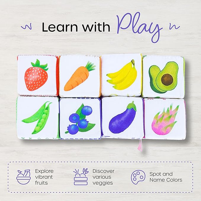 Quiggly Rainbow Soft Baby Blocks - 8 Colorful, Montessori Sensory Blocks for Babies & Toddlers- 100% Cotton, Non-Toxic Play Set with Rattle, Crinkle, Textures- Stacking Building Blocks for 3-12 Months