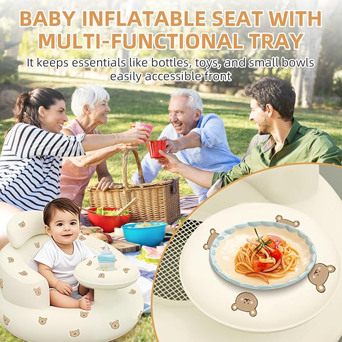 Inflatable Baby Seat with Tray, Blow up Infant Chair for Babies 3 Months and up, Comfortable Baby Floor Seats for Sitting Up, Built in Air Pump with Back Support Toddler Waterproof Sofa (Bear)