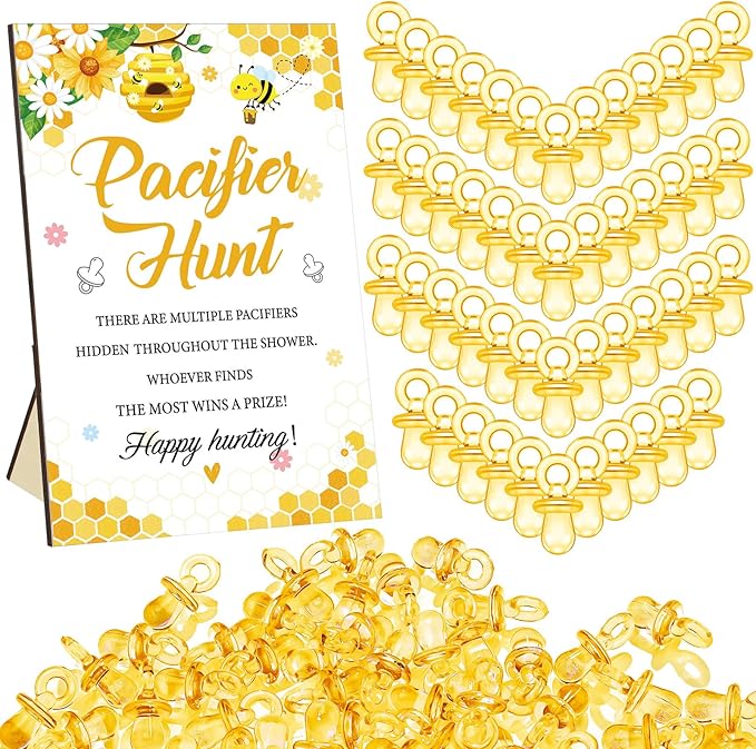 Thyle 51 Pcs Pacifier Hunt Baby Shower Games Include Hunt Sign and 50 Acrylic Pacifiers for Baby Shower Game Decoration Gift Sets Gender Reveal Party Decor(Bee)
