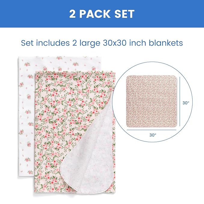 Delta Children 100% Cotton Flannel Baby Receiving Blankets for Girls and Boys – 30x30 Inches (Pack of 2), Pink Floral