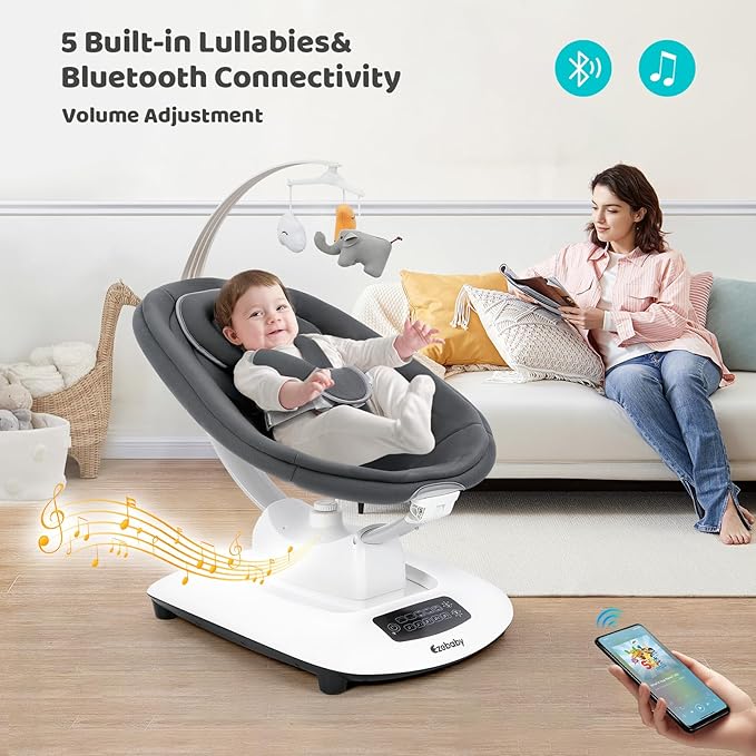 Ezebaby Baby Swing for Infants and Newborns with 5 Unique Motions, Adjustable Speed and Positions, Lullabies, Infant Swing with 5-Point Harness, Baby Swing for Newborn Babies 0-9 Months Grey