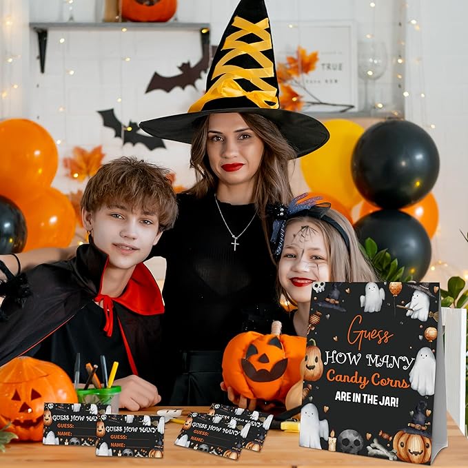Halloween How Many Candy Corns Are In The Jar - 1 Standing Sign & 50 Guessing Cards - Halloween Ghosts Party Game & Decoration For Boys, Girls, Adults - Baby Shower, Birthday Game Set - A03
