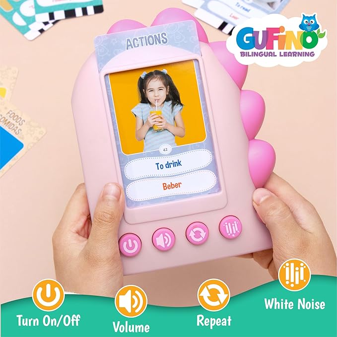 GUFINO – Spanish English Bilingual Flashcards for Toddlers 3-5 Years – Montessori Toys for 3+ Year Old, Preschool Supplies Learning Resources – Juguetes para Niñas de 3 Años o mayores. Pink
