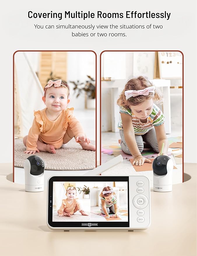 PARIS RHÔNE Split-Screen Baby Monitor, 5” Smart Video Baby Monitor with App Control, Two 2K UHD WiFi Cameras, Night Vision, Motion & Cry Detection, AI Tracking, RGB Night Light, Lullabies