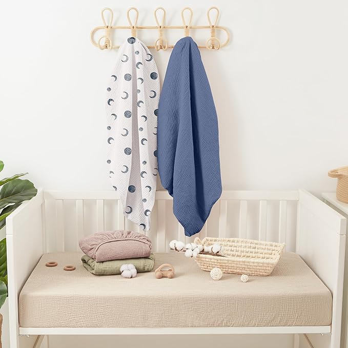 Bearmoss Muslin Mini Crib Sheets for Pack N Play Mattress - 100% Cotton - 38"x26" Soft Breathable Playard Baby Crib Sheets Neutral for Boys Girls - 2 Pack (Blue Crescent)