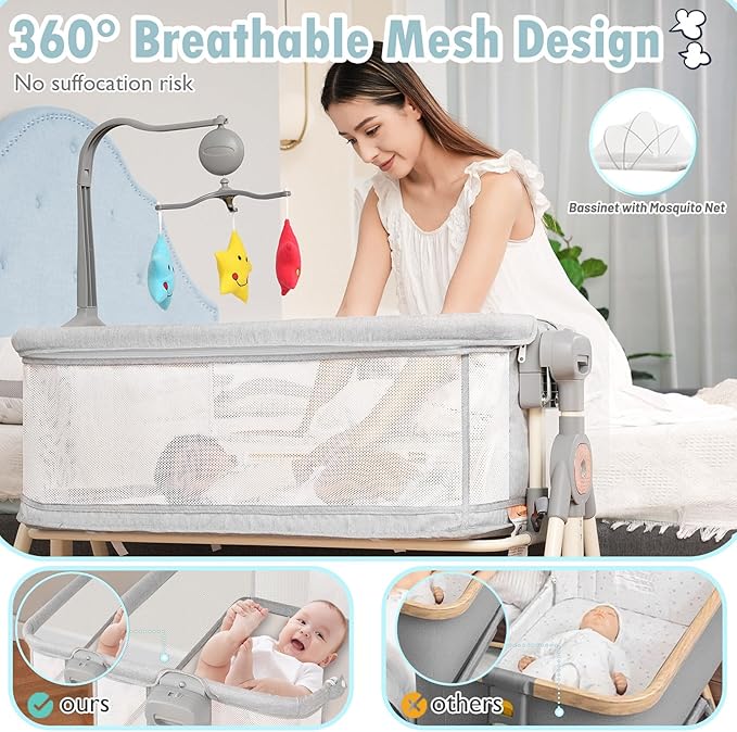 Baby Bassinet, Rocking Bassinet, 3 in 1 Bassinets Bedside Sleeper with Musical Toys, Bedside Bassinet for Baby with Storage Basket and Wheels, Adjustable Bedside Crib for Newborn (Grey)