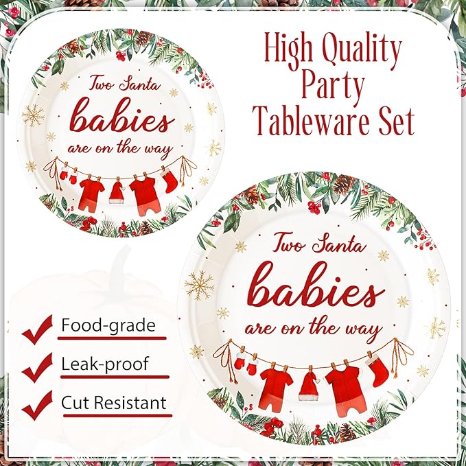 Zhehao 96 Pcs Twins Baby Shower Decoration Supplies Twins Cuties Baby Shower Tableware Set Eucalyptus Leaf Orange Strawberry Greenery Pumpkin Themed Plates Napkins Forks for 24 Guest (Christmas)