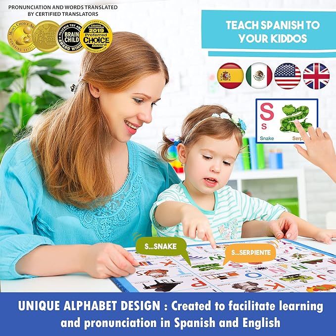 Gufino Alphabet Wall Chart - Bilingual Toys with Interactive Touch Buttons for Independent & Guided Learning - Ideal for Preschool Learning Activities & Spanish Classroom Supplies.