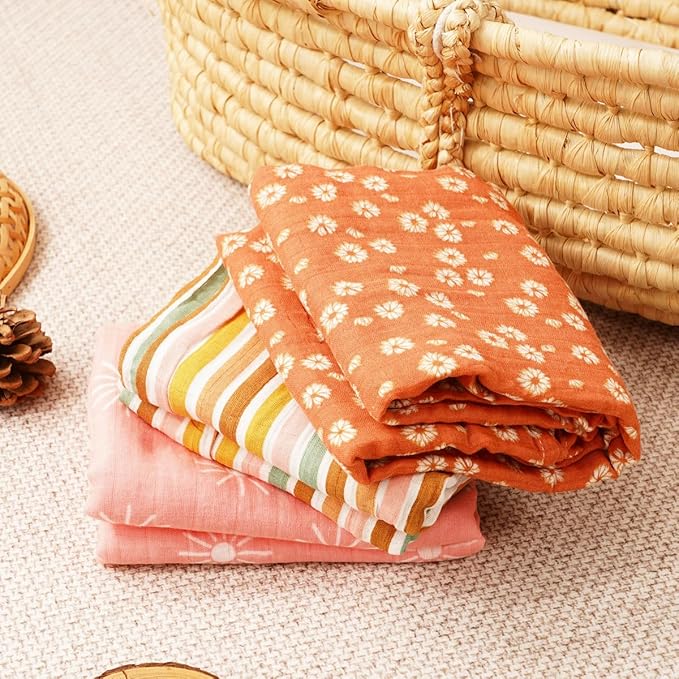 Muslin Swaddle Blankets for Baby Boys and Girls,3 Pack Breathable Soft Receiving Blanket,Large 43.3X 43.3 inches,Newborn Essentials Must Haves(Sun)