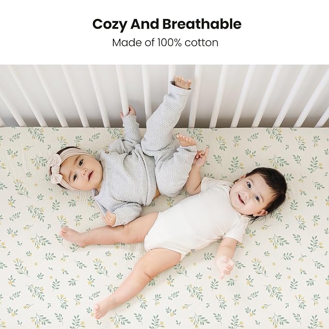 Konssy Muslin Crib Sheets for Boys, Soft Cotton Neutral Baby Sheets for Standard Crib Mattress 2 Pack, 52"x28" (Leaf,Green)