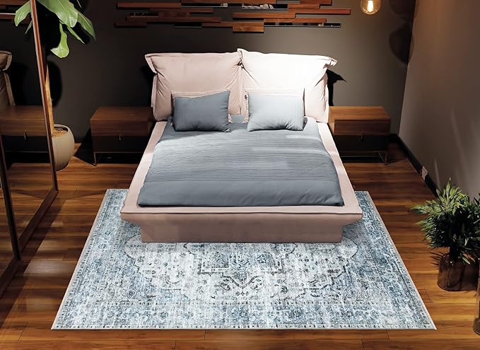 Bloom Rugs Caria Washable Non-Slip 6x9 Rug - Ivory/Blue/Gray Traditional Area Rug for Living Room, Bedroom, Dining Room, and Kitchen - Exact Size: 6' x 9'