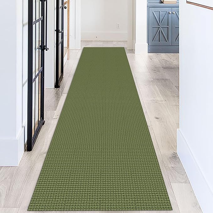 KOZYFLY Long Runners for Hallways 3x12 ft Washable Kitchen Runner Non Slip Rubber Backed Hallway Rugs Cotton Entryway Runner Rug Floor Carpet for Indoor Hall, Kitchen, Olive Green/Earthy Green