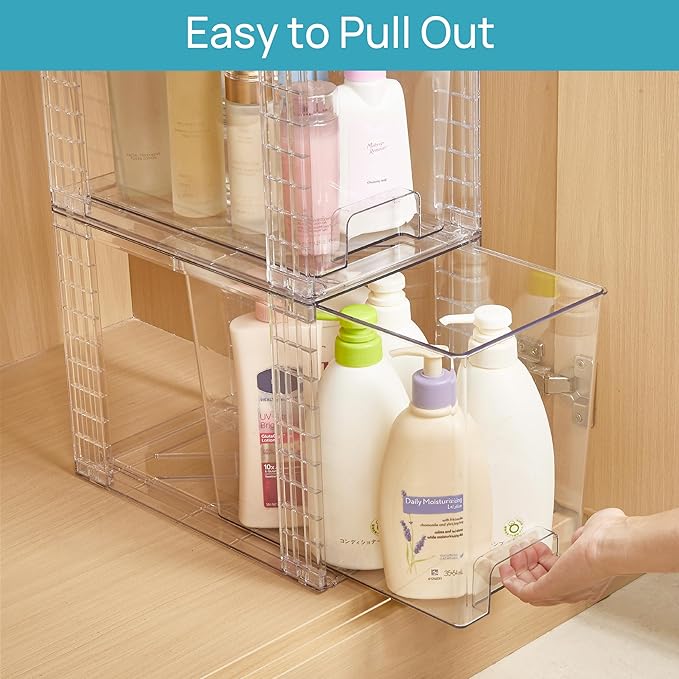 Vtopmart 2 Pack Clear Stackable Storage Drawers,9.7" High Plastic Organizers Bins for Skincare, Bathroom Supplies,Ideal for Cabinet,Undersink,Vanity,Kitchen,Pantry Organization