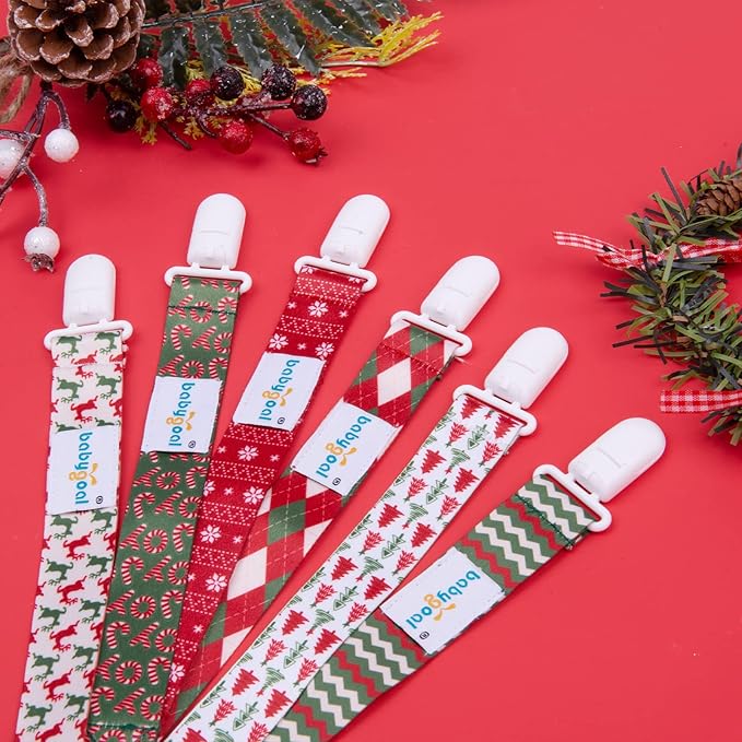 Babygoal Christmas Pacifier Clips, 6 Pack Binky Paci Holder and Leash for Boys and Girls Fits for Most Pacifier, Binkie Styles & Baby Teethers & Toys and Xmas Gift 6PB19