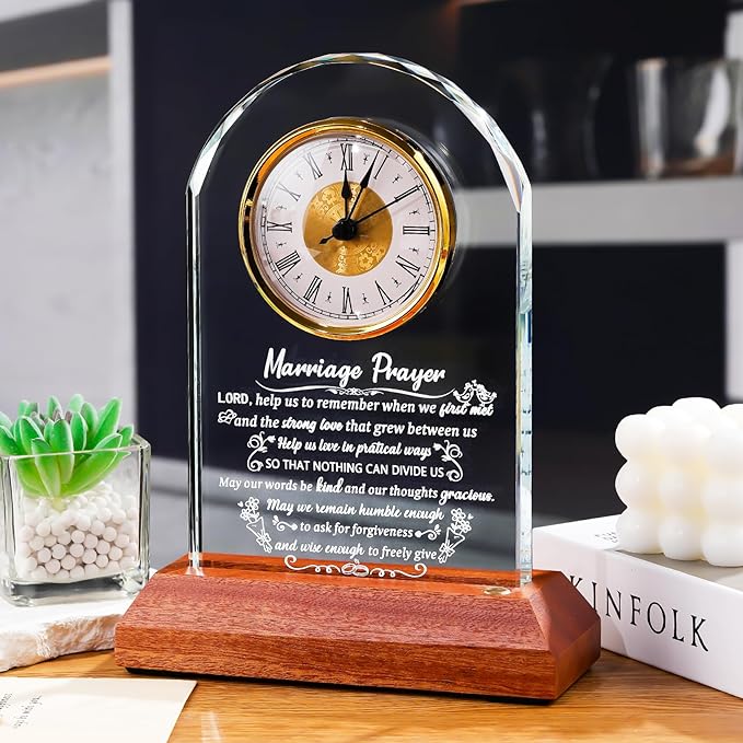 Glass Clock Wedding Gifts for Couples 2025 with Wooden Light Base, Happy Anniversary Marriage Prayer Gift with Inspiring Quotes, Unique Newlywed Mr and Mrs Gifts, Engagement Presents for Home