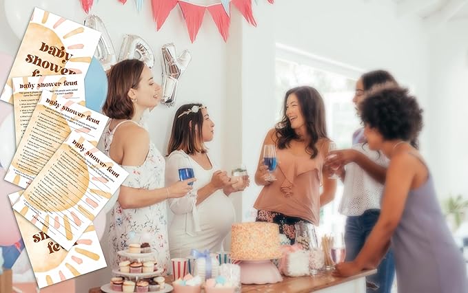 Baby Shower Games, Boho Sun Baby Shower Feud Game, Sunshine Here Comes The Son Gender Reveal Games, Set of 25 Cards(Bohosun003)