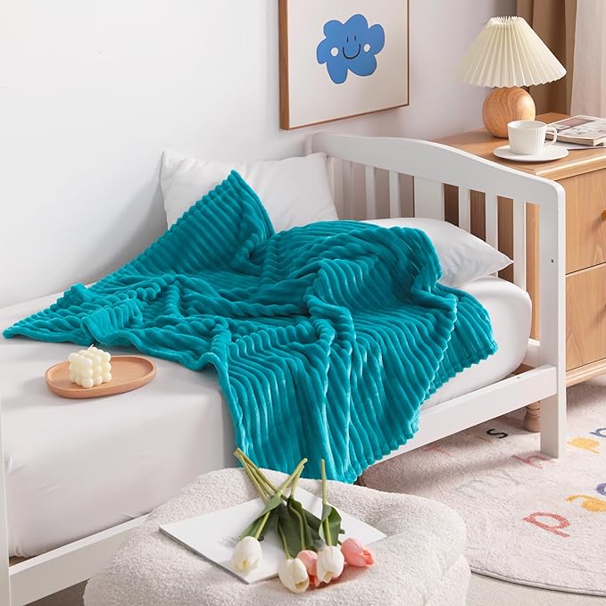 NTBAY Flannel Fuzzy Toddler Blanket, Fluffy Warm and Lightweight Reversible Stripes Design Baby Plush Blanket, 30x40 Inches, Turquoise