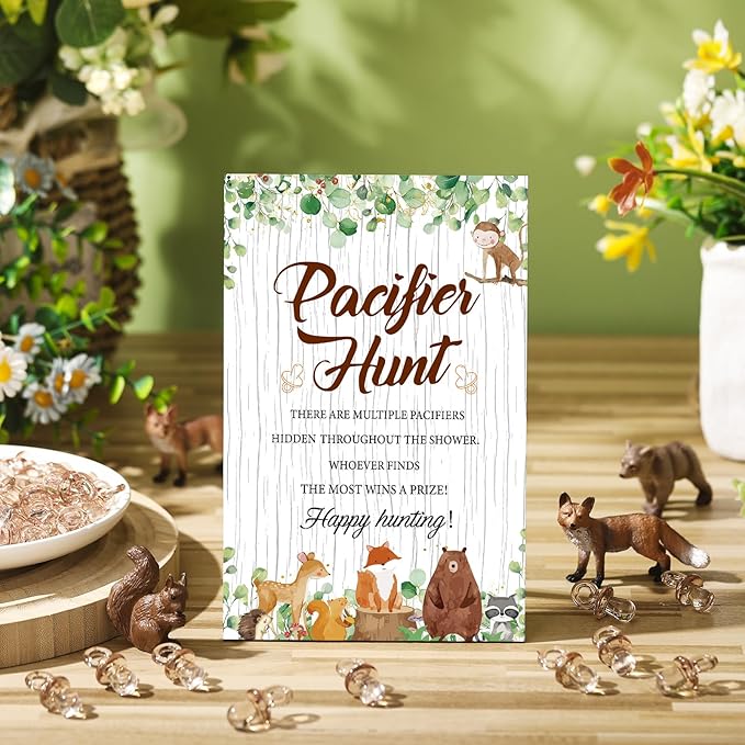 Thyle 51 Pcs Pacifier Hunt Baby Shower Games Include Hunt Sign and 50 Acrylic Pacifiers for Baby Shower Game Decoration Gift Sets Gender Reveal Party Decor (Woodland Animals)