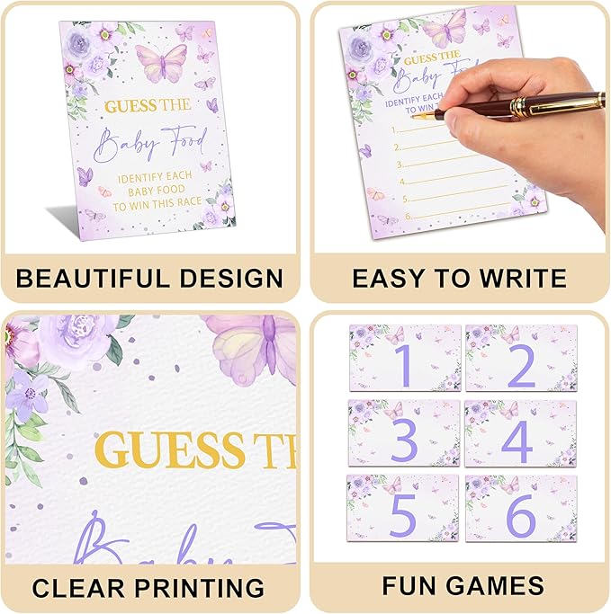 Guess the Baby Food Game Shower, 8x10 Inches Sign 25 Answer Cards and 6 Number Cards, Butterfly Kisses Shower Party Decorations Supplies Favors - C04