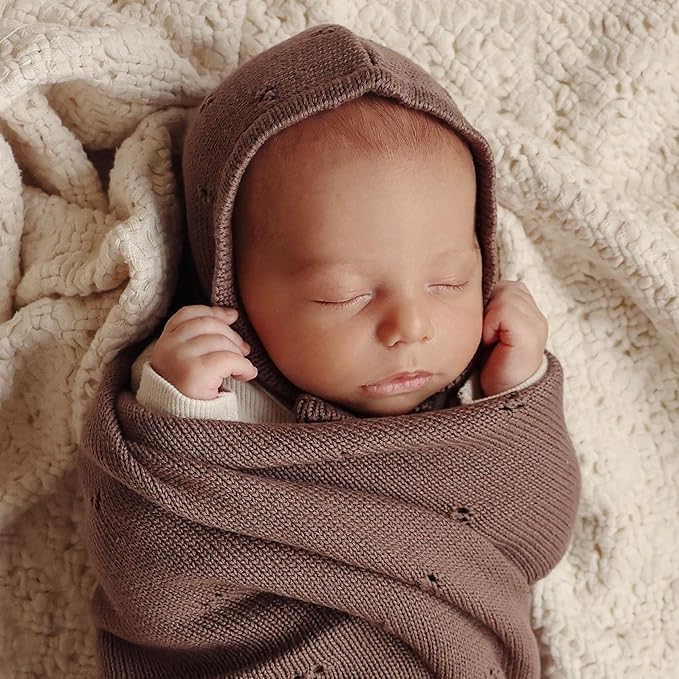 Organic Pointelle Receiving Swaddle Blanket for Girls - 100% Luxury Organic Soft Cotton Knit Warm Cozy Cuddle Stroller Crib Blanket for Newborns Infants & Toddlers (Mocha + Hat)