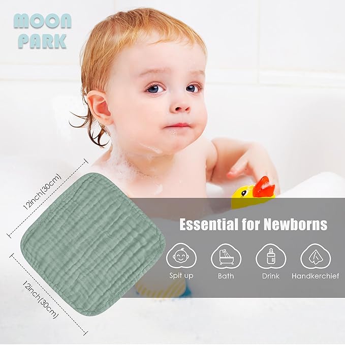 MOON PARK Baby Washcloths, 12 Pack - 12x12 Inches, Small Burp Cloths and Baby Wipes - 100% Cotton Muslin Ultra Soft for Newborn, Infant and Toddlers - Grey, Green and Slate