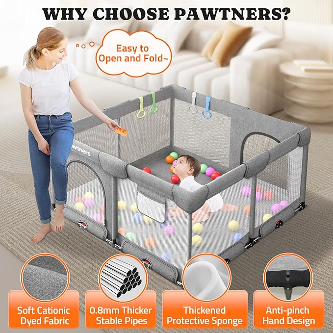 Foldable Playpen for Babies and Toddlers: 50" L x 50" W x 27" H, Large Kids Play Yard With Mat, Portable Indoor Play Area, Baby Gate With 50PCS Ocean Ball, 4 Handles