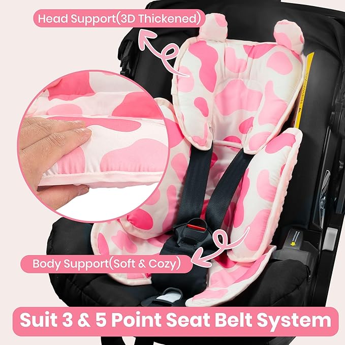 Baby 3in1 Car Seat Head Body Support,Reversible Cotton-Minnky Infant Car Seat Insert Newborn Boys Girls,Soft Breathable Carseat Head Support Pillow Cushion Infant Stroller,Swing,Bouncer(Pink)