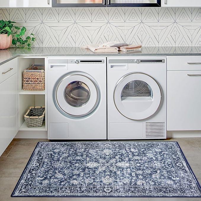KILOCOCO Area Rug 3x5 Entryway Rug Washable Printed Vintage Floral Rubber Backed Non Slip Indoor Kitchen Rugs for Living Room Laundry Room Playroom Mudroom Moroccan Area Rugs, Blue