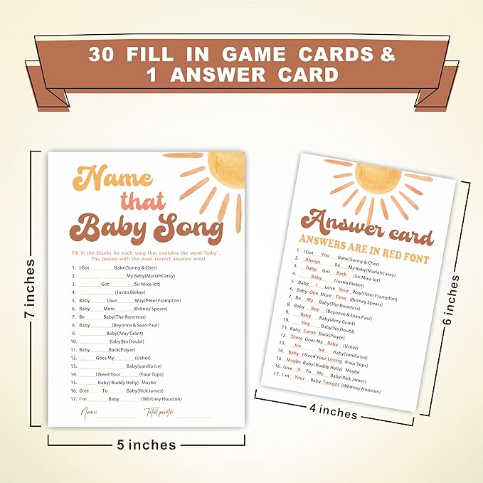 Name That Baby Song Game Kits For Baby Shower - 30 Double-Sided Fill In Watercolor Sunshine Style Game Cards 1 Answer Card For Gender Reveal, Baby Announcement, Party Favor & Supplies - C10