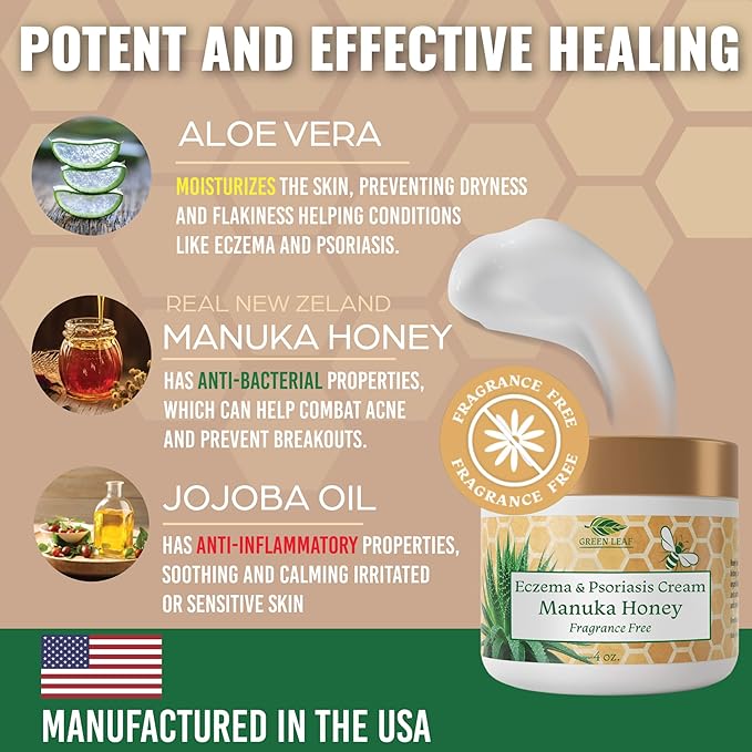 Manuka Honey Eczema Cream Moisturizing Lotion Fragrance Free For Psoriasis Relief - Itchy, Dry Skin Rash Ointment - Skin Soothing Moisturizer - Body & Face Cream - Kids & Adults 2oz