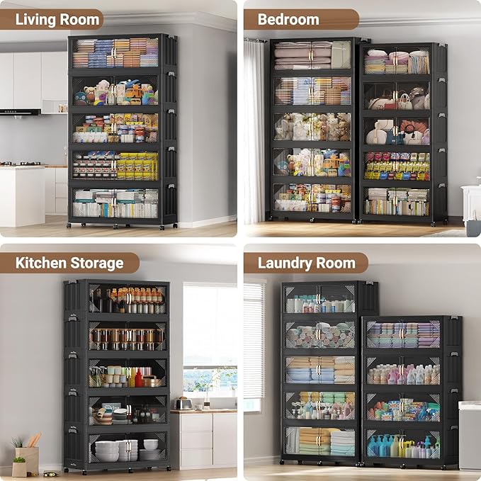 165Gal Plastic Stackable Storage Bins with Lid, 660QT Extra Large Closet Organizers Collapsible Cabinets Boxes With Drawers, Foldable Containers with 6x Wheels for Home Kitchen, V60 3Pack Black