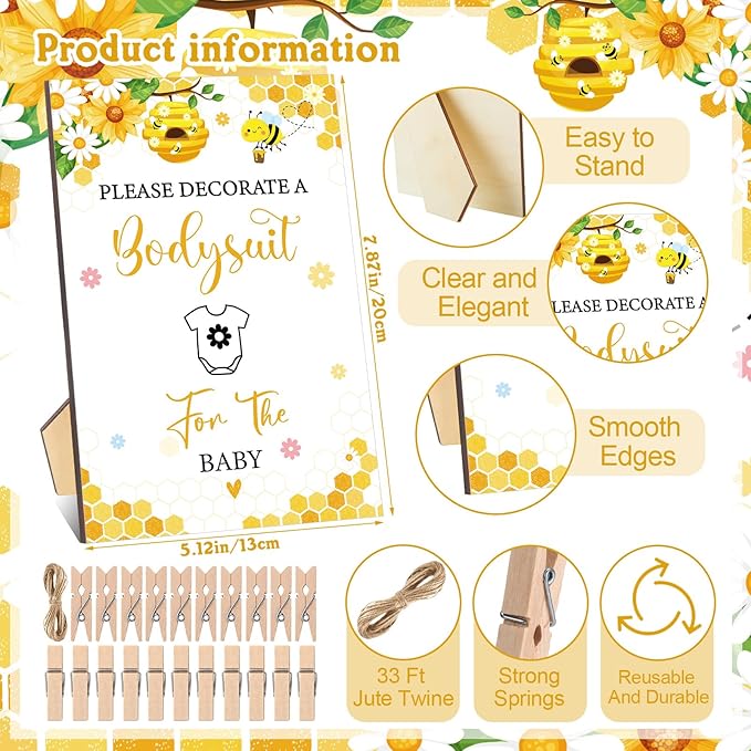Panitay 126 Pcs Baby Shower DIY Bodysuit Set Rustic Kraft Baby Shower Game Sign DIY Bib 25 Blank White Newborn Bodysuit 25 Stencils 24 Marker 1 Sign 50 Pins for Gender Reveal(Bee)