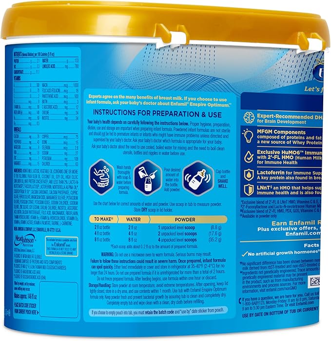 Enfamil Optimum (Enspire), Our Closest Formula to Breast Milk, Immune-Supporting Lactoferrin and Brain-Supporting DHA Baby Formula, Powder 20.5 Oz Tub, Pack of 4