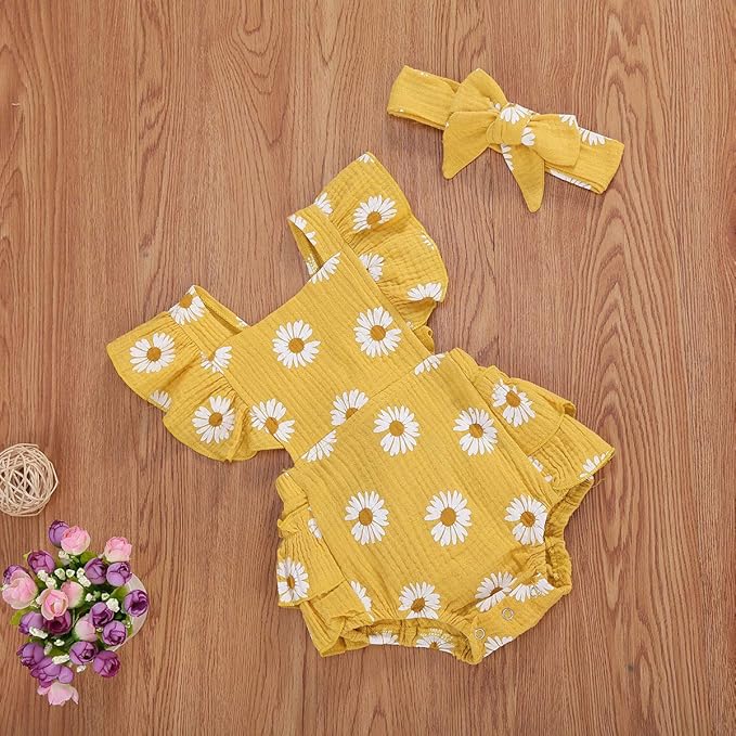 Baby Girls Floral Cotton Leotard Romper Newborn Daisy Playsuits Ruffled Sleeve Onesie Infant Jumpsuit Clothes Headband
