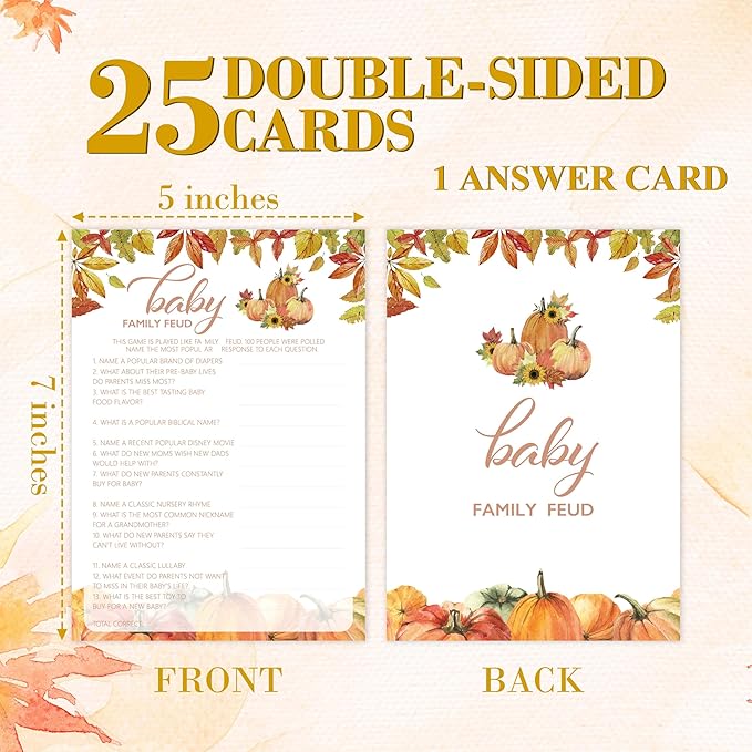 Fall Baby Shower Games, Baby Family Feud Game Cards, 5x7 in, Thanksgiving Baby Shower Party Favor Decorations Supplies - A06