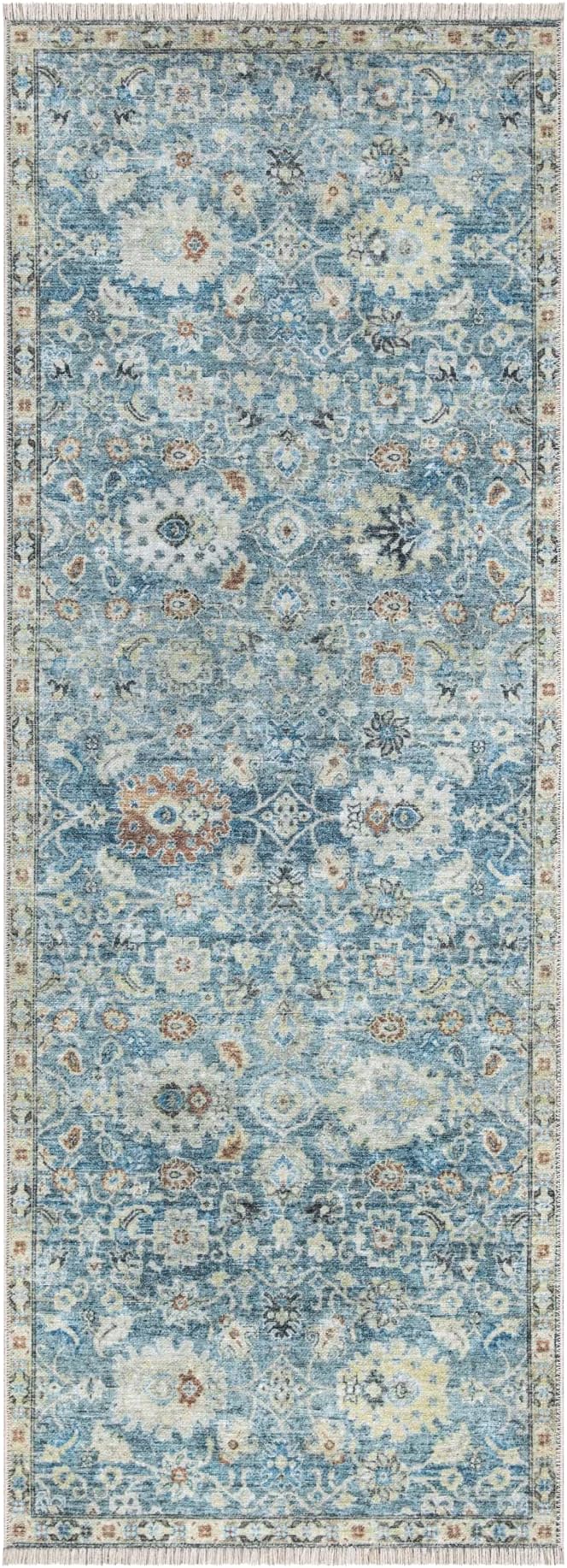 Bloom Rugs Caria Washable Non-Slip 7 ft Runner - Blue/Beige Traditional Runner for Entryway, Hallway, Bathroom, and Kitchen - Exact Size: 2'6" x 7'