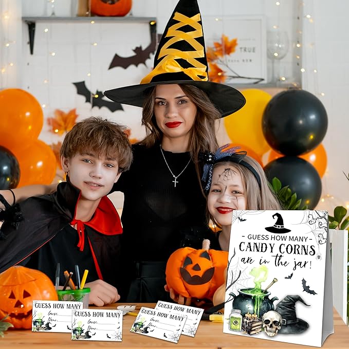 Halloween How Many Candy Corns Are In The Jar - 1 Standing Sign & 50 Guessing Cards - Halloween Witch Theme Party Game & Decoration For Boys, Girls, Adults - Baby Shower, Birthday Game Set - A07
