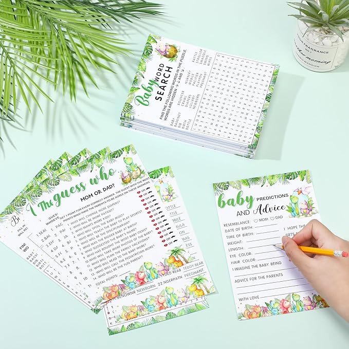 Jetec 302 Pcs Cute Dinosaur Theme Baby Shower Games, 6 Games, 50 Sheets Each, Shower Bingo, Word Scramble, Baby Word Search, Predictions and Advice, The Price is Right, Guess Who