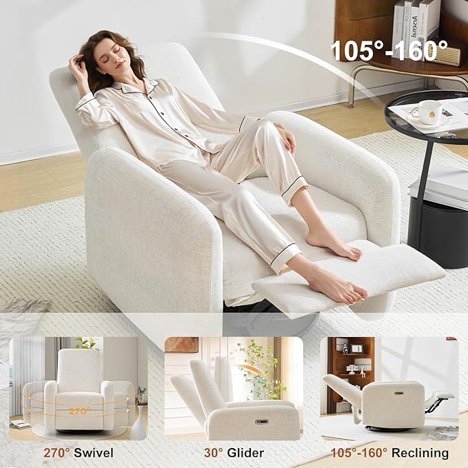 Nursery Rocking Chairs, 270° Large Power Swivel Glider Rocker Recliner w/USB & Type-C Charging Port, Rotating Rocking Reclining Nursing Chair for Breastfeeding, Living Room,Bedroom,Beige